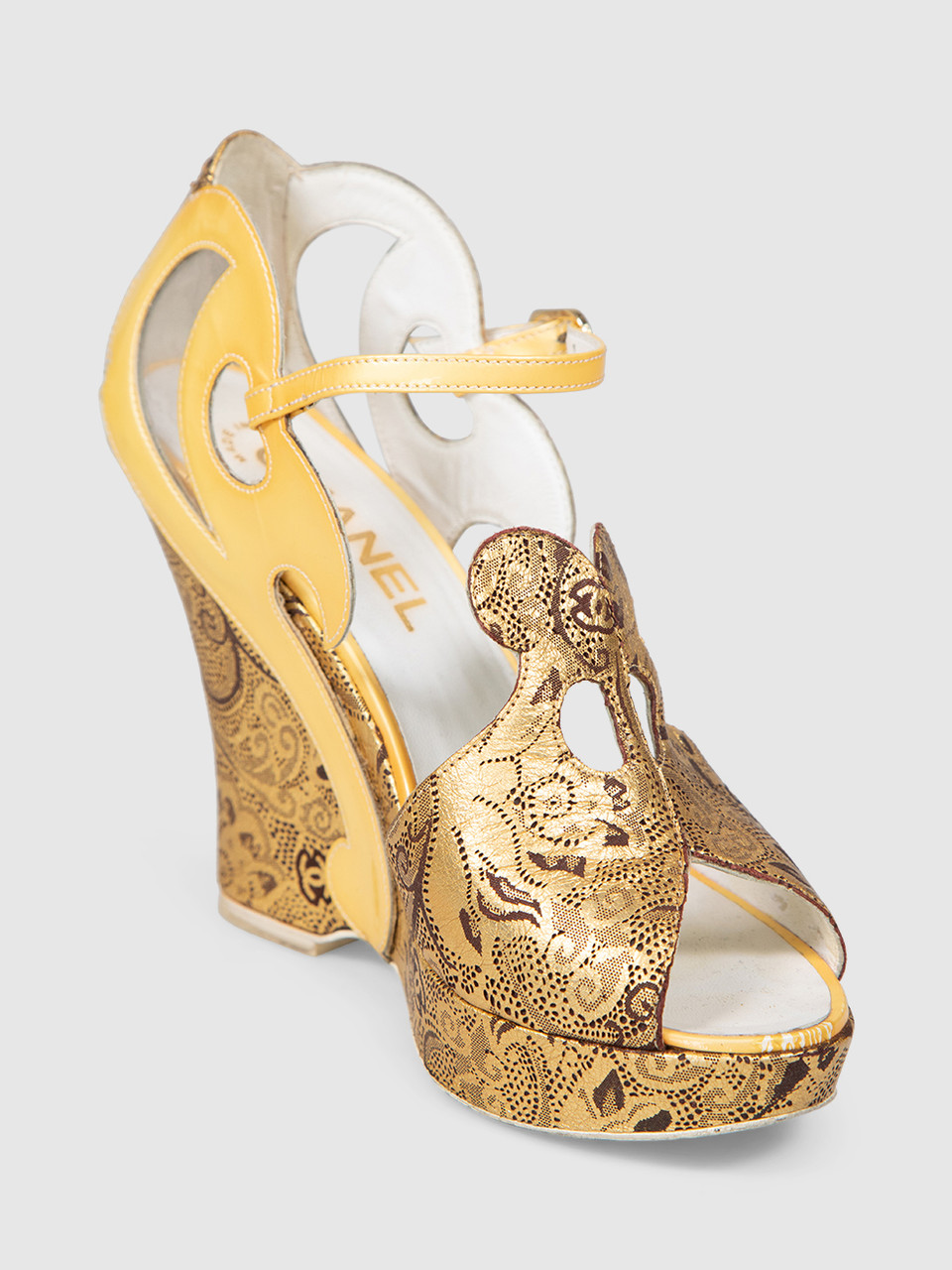 Chanel Gold Wedge Patterned Sandals