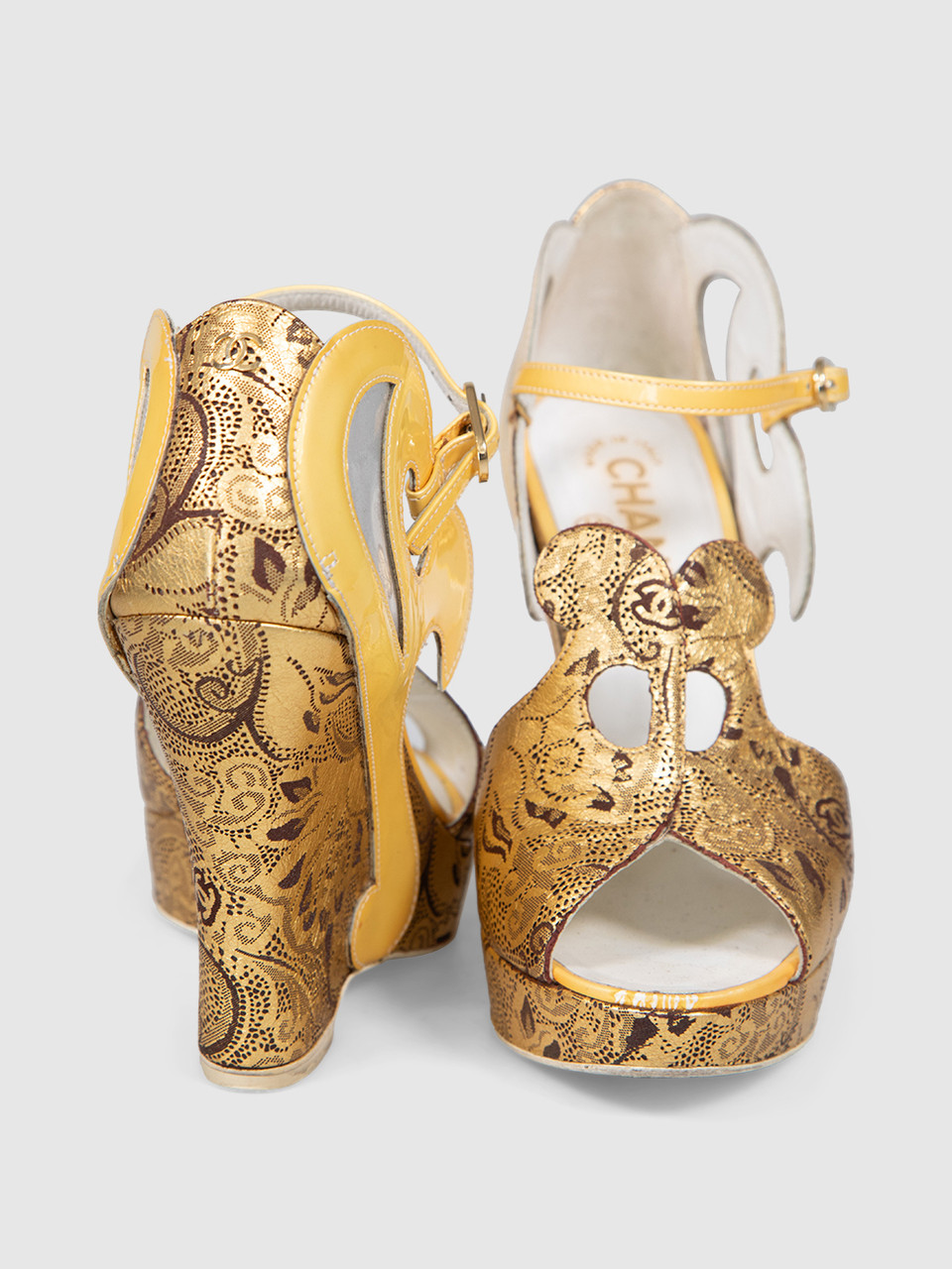 Chanel Gold Wedge Patterned Sandals