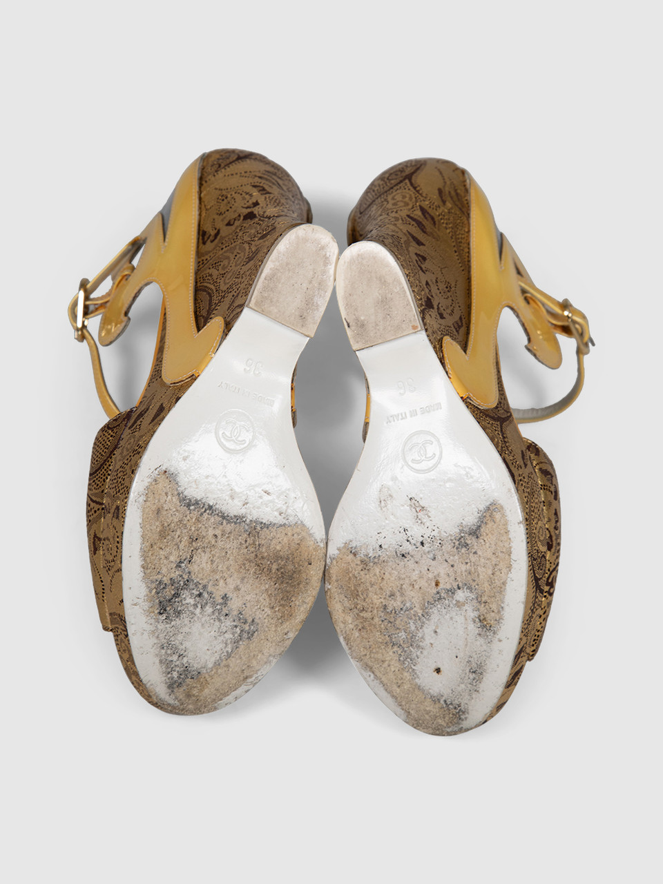 Chanel Gold Wedge Patterned Sandals