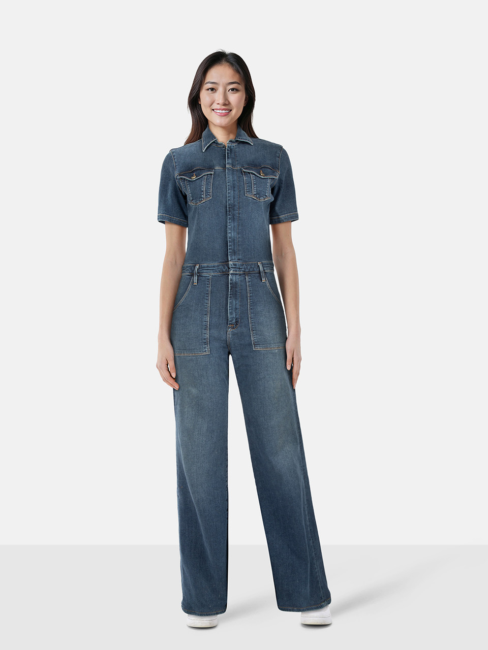 FRAME Blue Denim Short Sleeve Flared Jumpsuit FRAME Blue Denim Short Sleeve Flared Jumpsuit