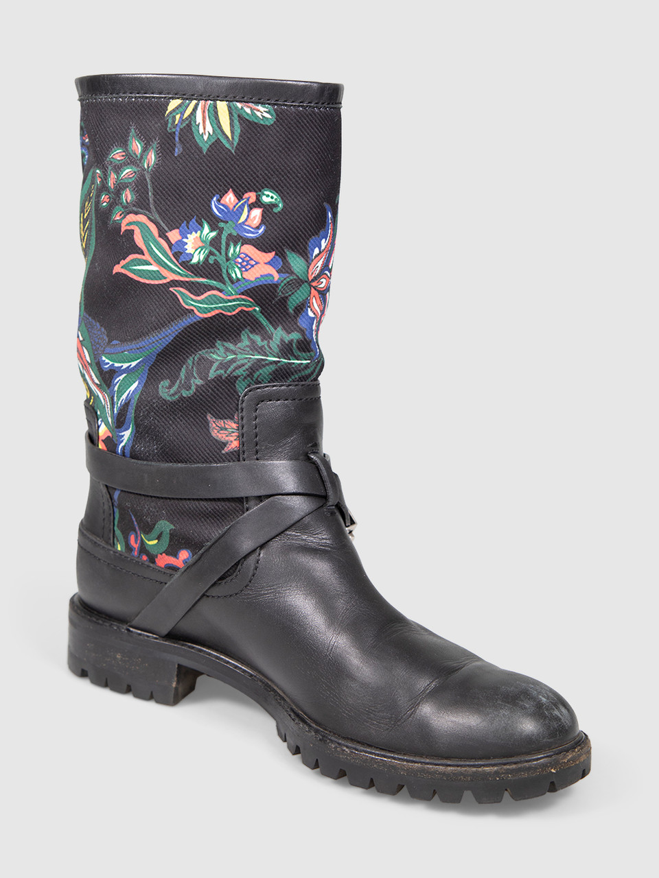 Dior Black Leather Floral Print Buckle Boots Dior Black Leather Floral Print Buckle Boots
