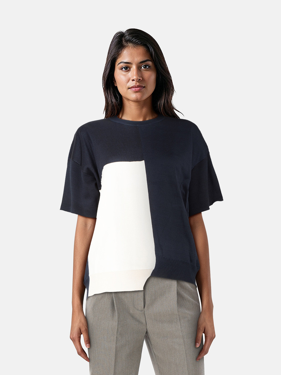Jil Sander Navy & White Colour Block Top