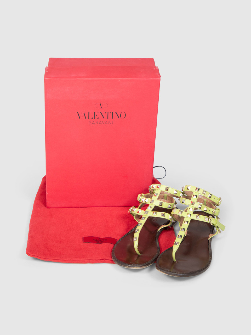 Valentino Garavani Green Leather Rockstud Flat Sandals