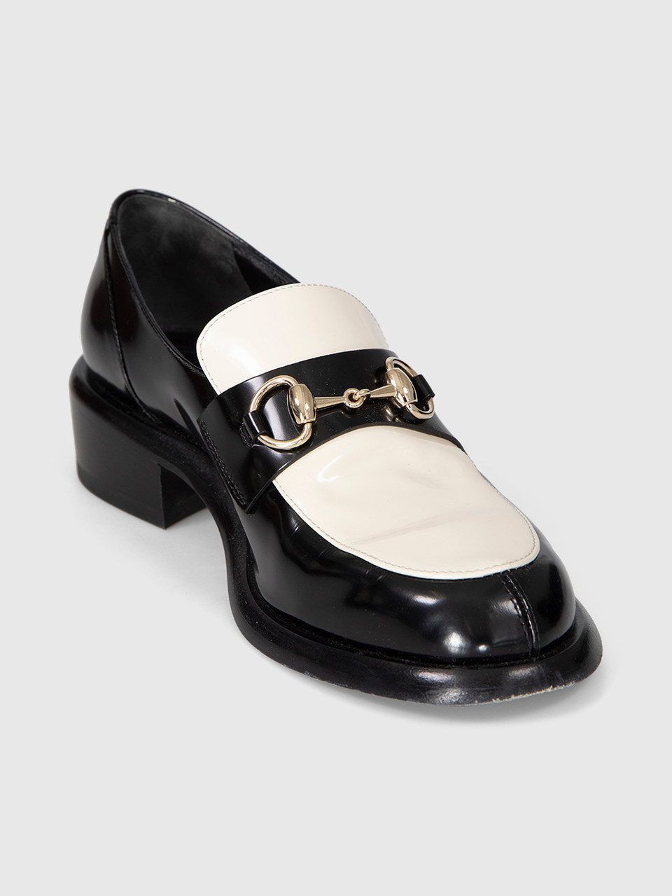 Gucci Black & White Leather Horsebit Loafers
