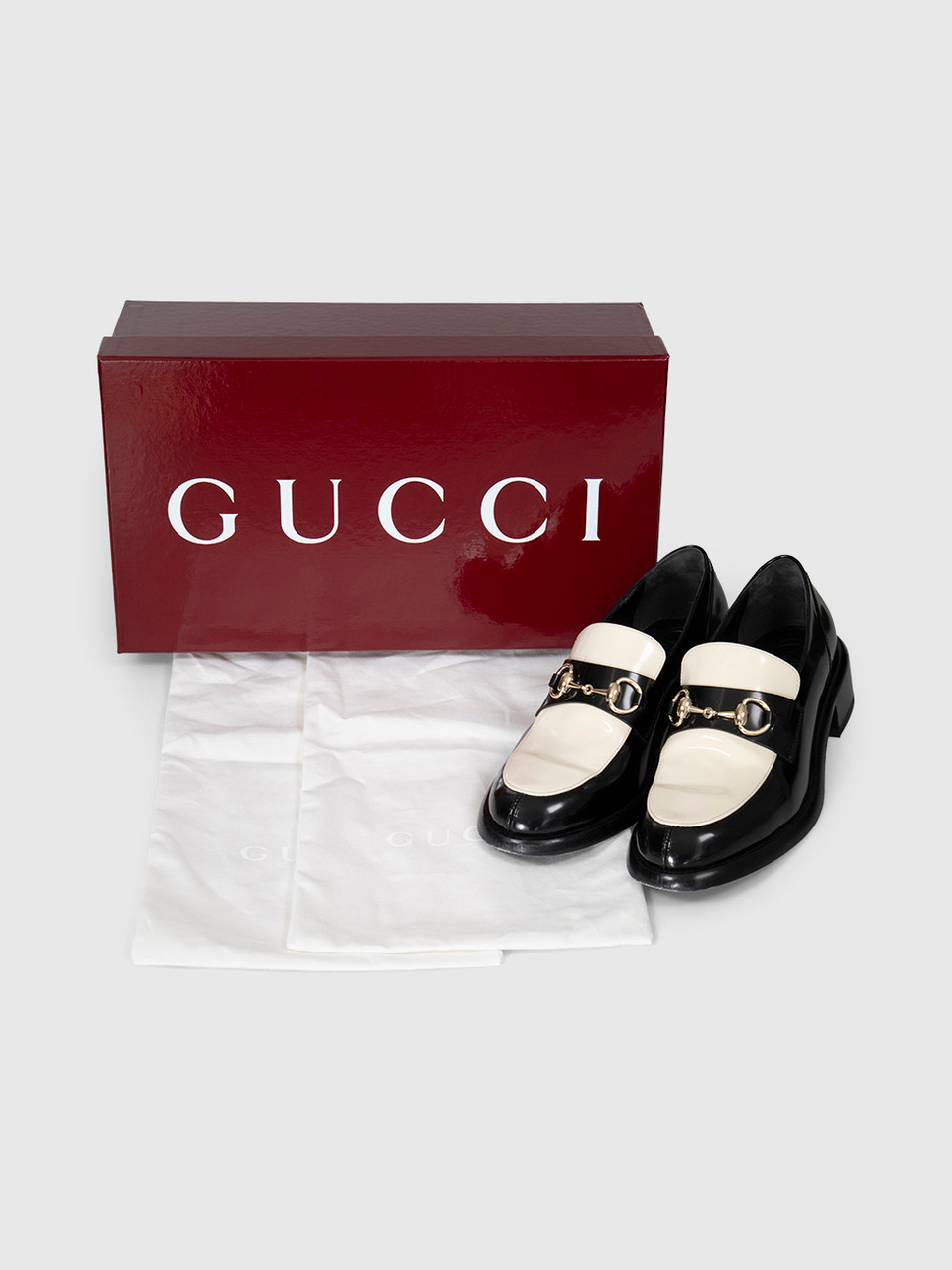 Gucci Black & White Leather Horsebit Loafers