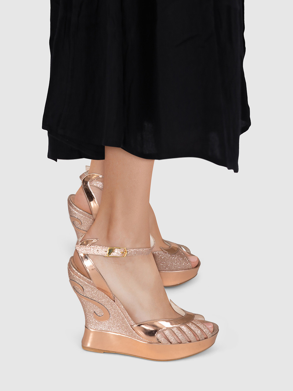 Terry de Havilland Rose Gold Glitter Wedge Sandals