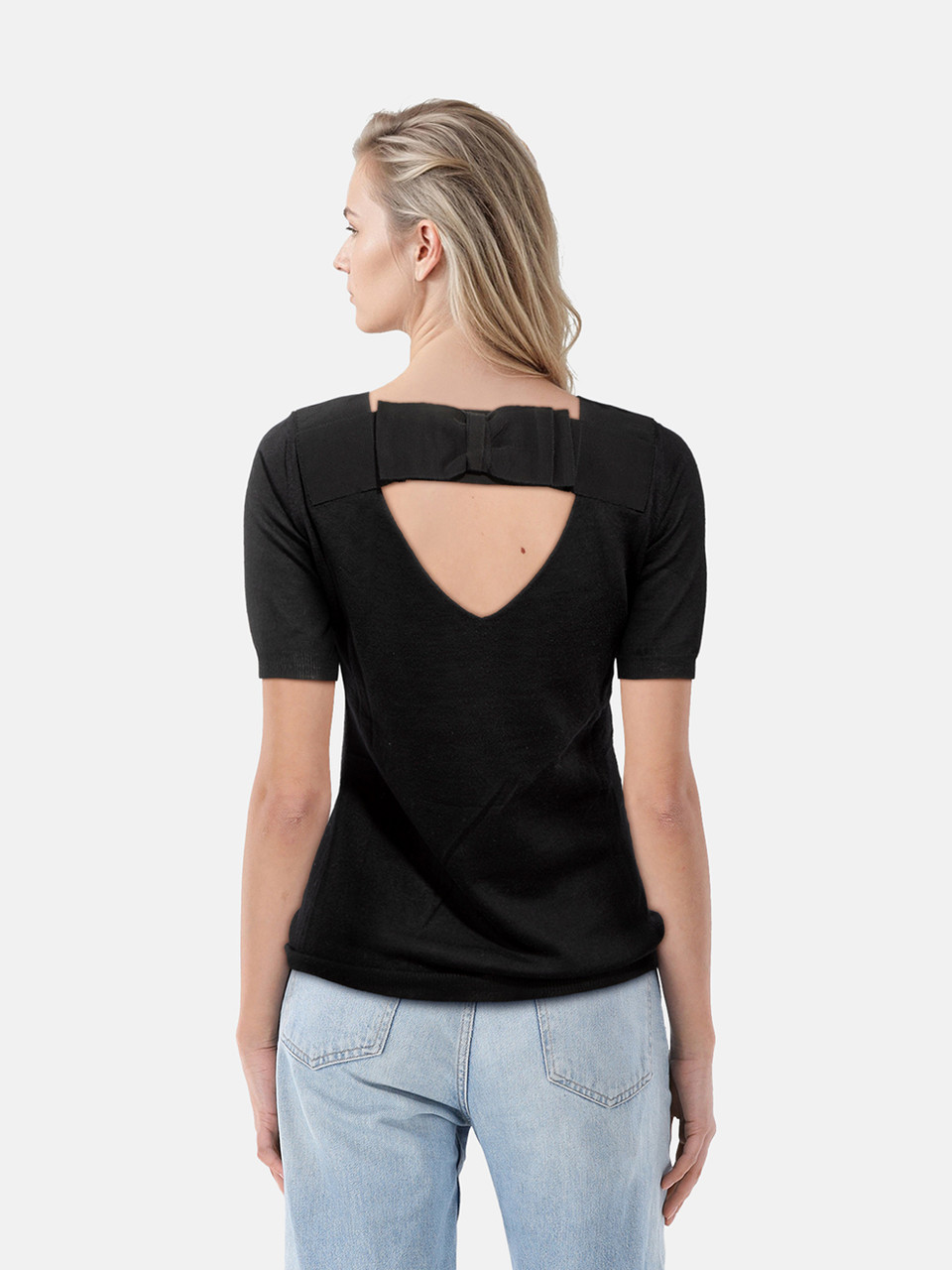 Prada Black Short Sleeve Bow Detail Top