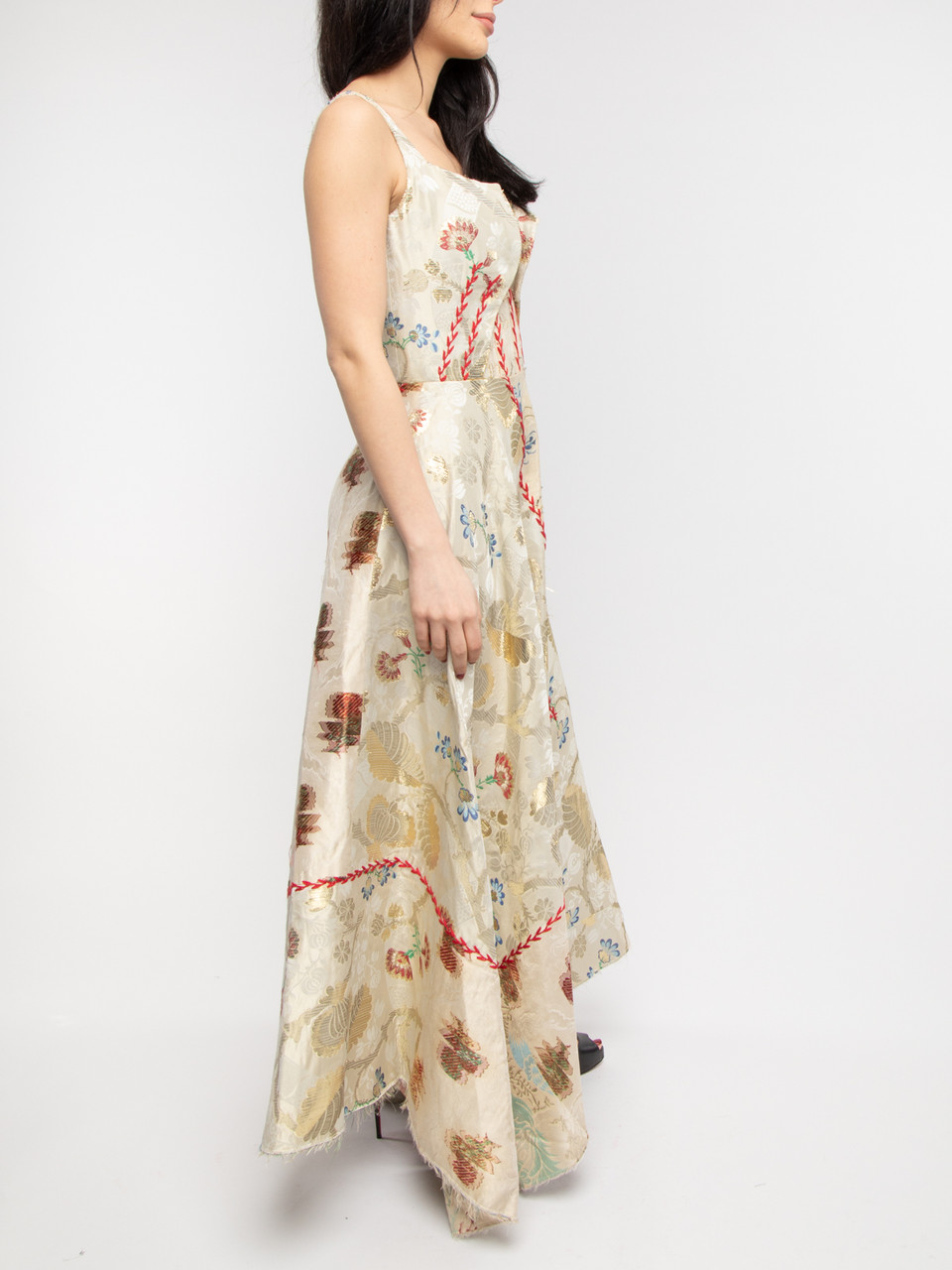 Alexander McQueen,Floral Embroidered Metallic Thread Dress,Silk,Ecru,Floral