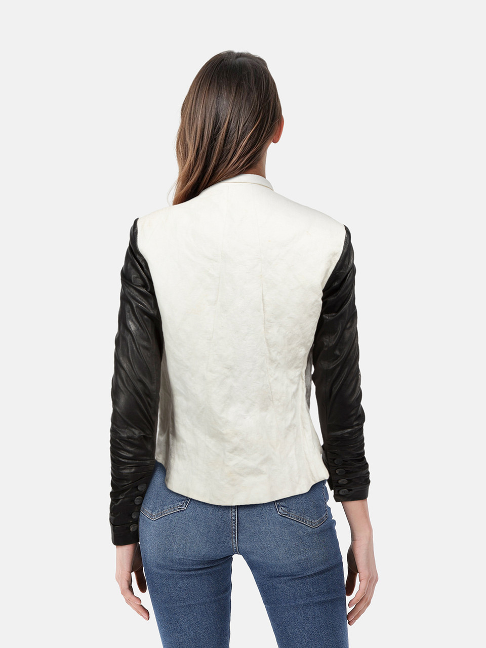 Helmut Lang Ecru & Black Leather Sleeves Blazer