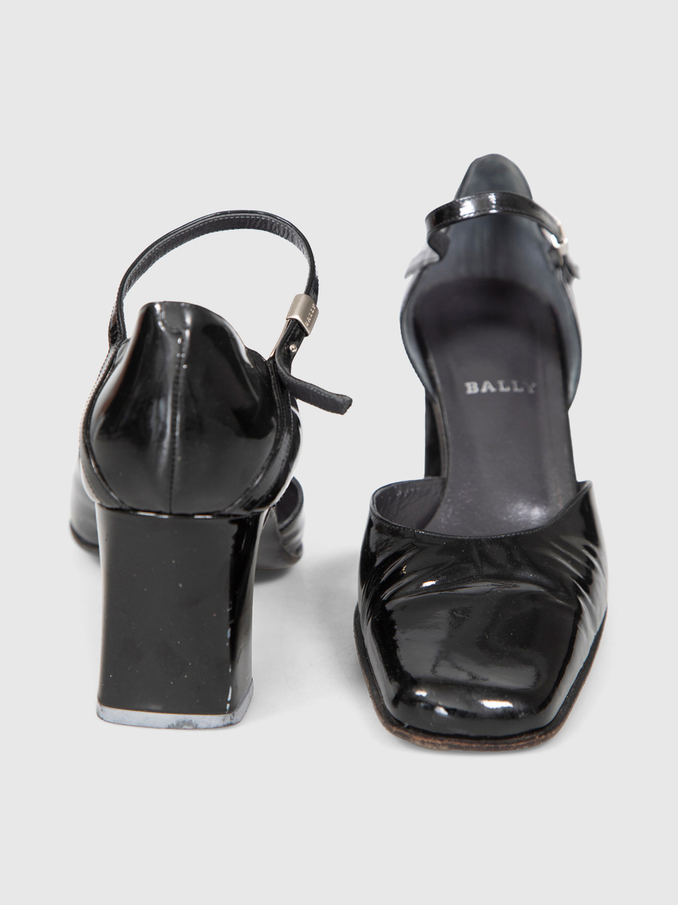 Bally Black Patent Ankle Strap Heels