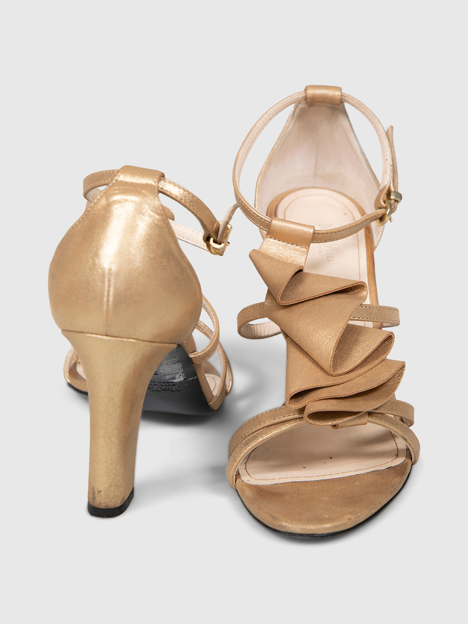 Max Mara Gold Leather Ruffle Trim Sandals