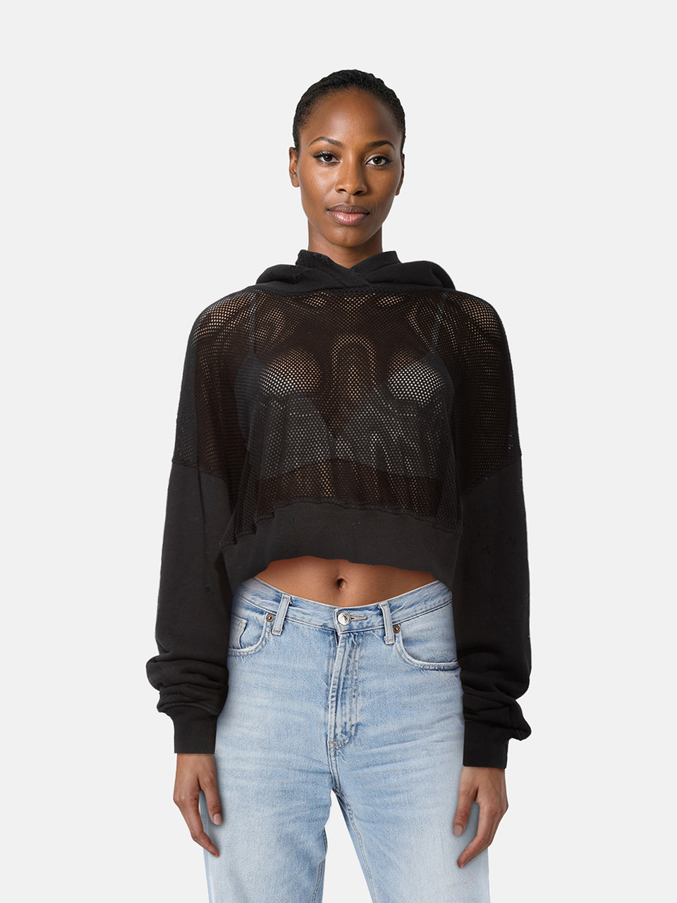 Amiri Black Cropped Distressed See Through Hoodie