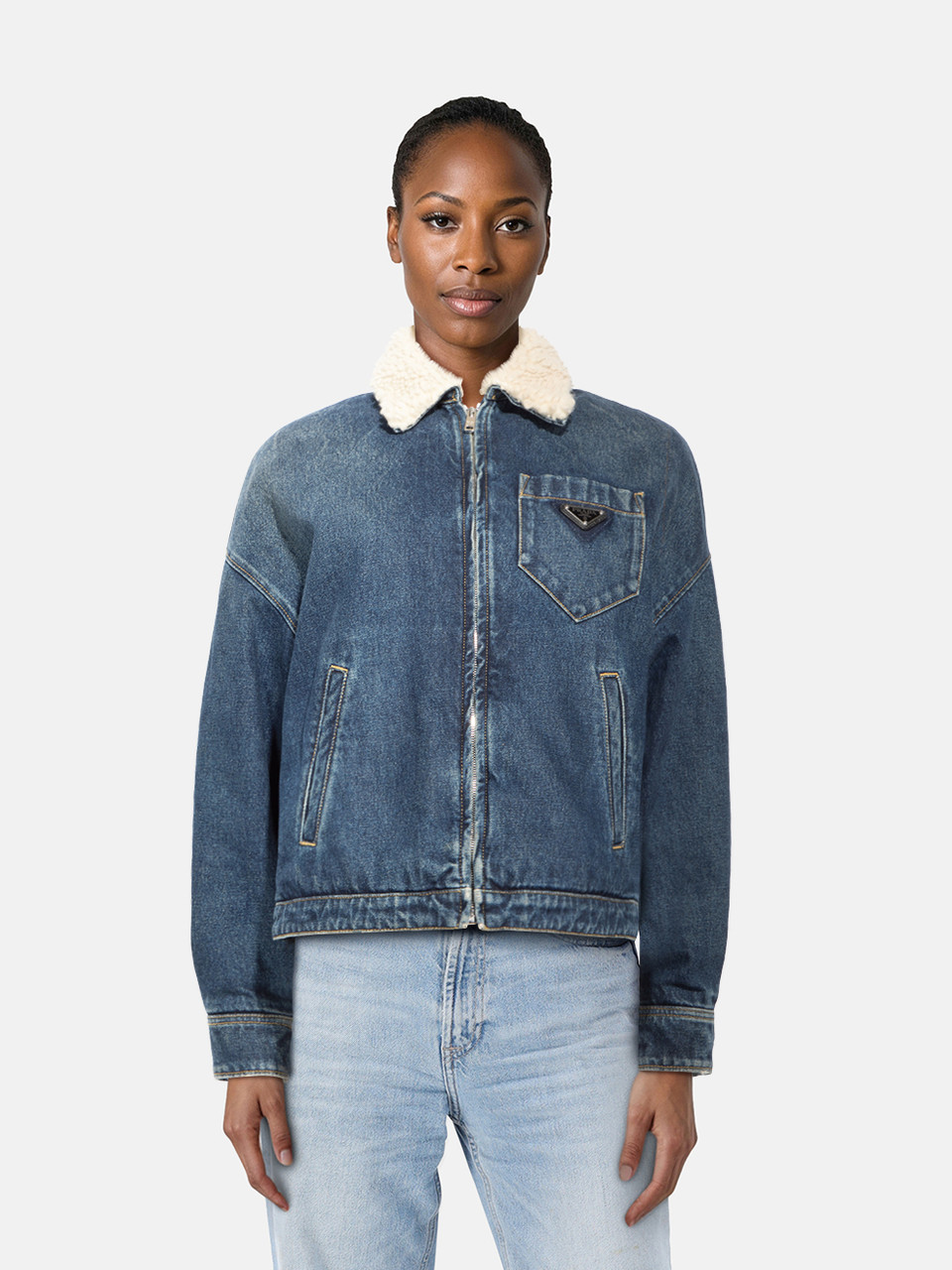 Prada Blue Shearling Lined Oversized Denim Jacket