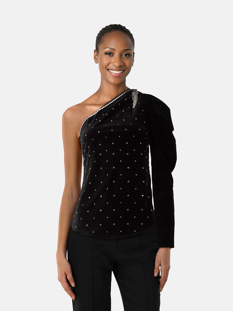 Isabel Marant Black Velvet One Shoulder Crystal Top