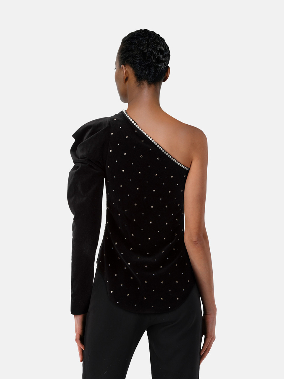 Isabel Marant Black Velvet One Shoulder Crystal Top