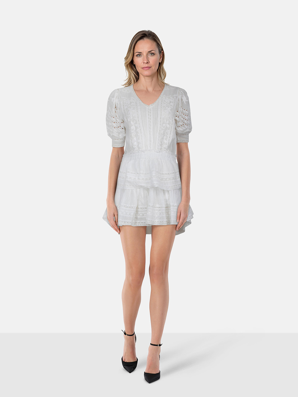 LoveShackFancy White Floral Embroidery Mini Dress