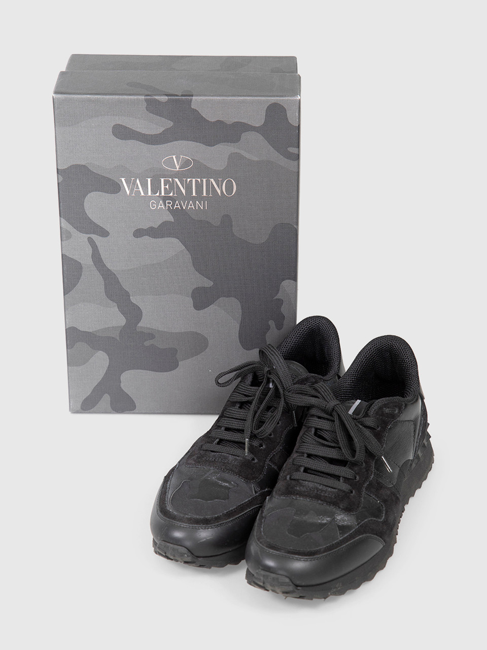 Valentino Garavani Black Leather Camo Rockrunner Trainers