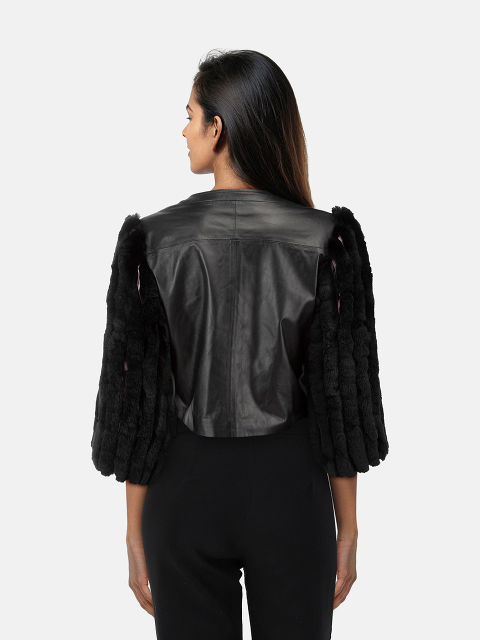 Anne Fontaine Black Leather & Rabbit Fur Jacket