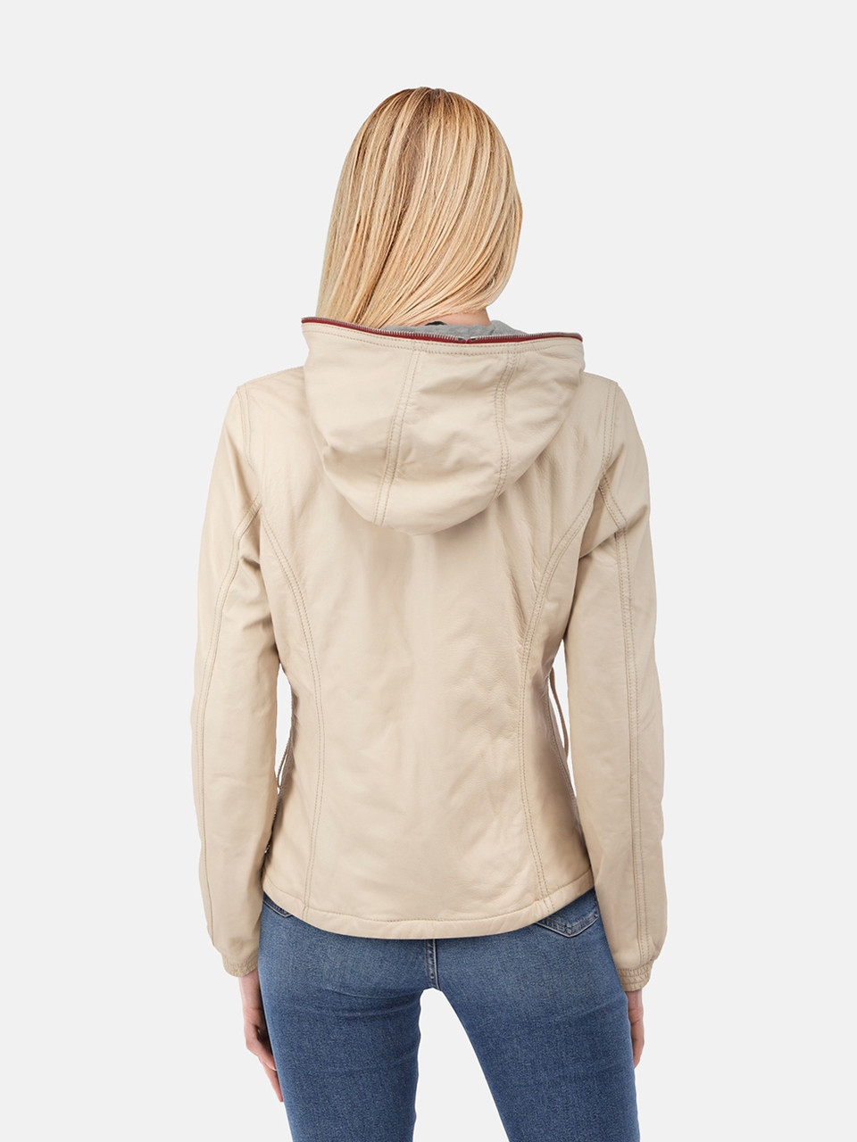Duvetica Beige Leather Hooded Zip Jacket