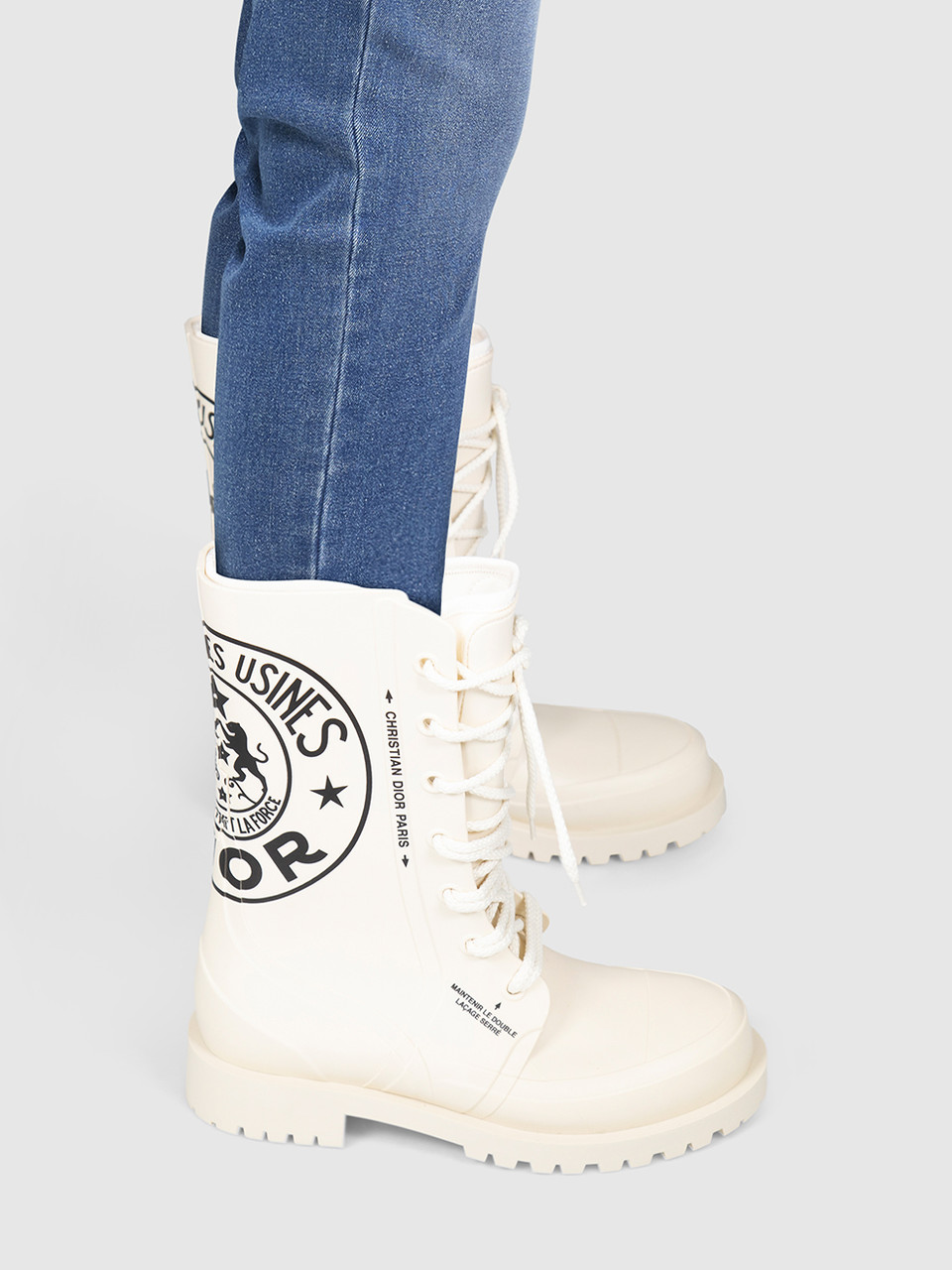 Dior Beige Rubber Logo Mid Calf Combat Boots