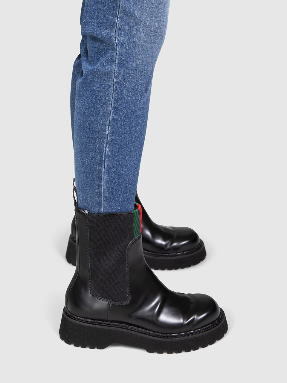 Gucci Black Leather Web Stripe Mid Calf Boots