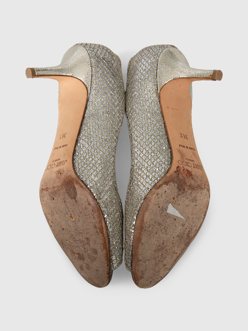 Jimmy Choo Silver Peep Toe Glitter Mid Heels