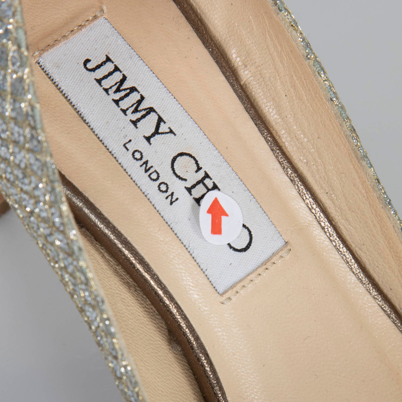 Jimmy Choo Silver Peep Toe Glitter Mid Heels