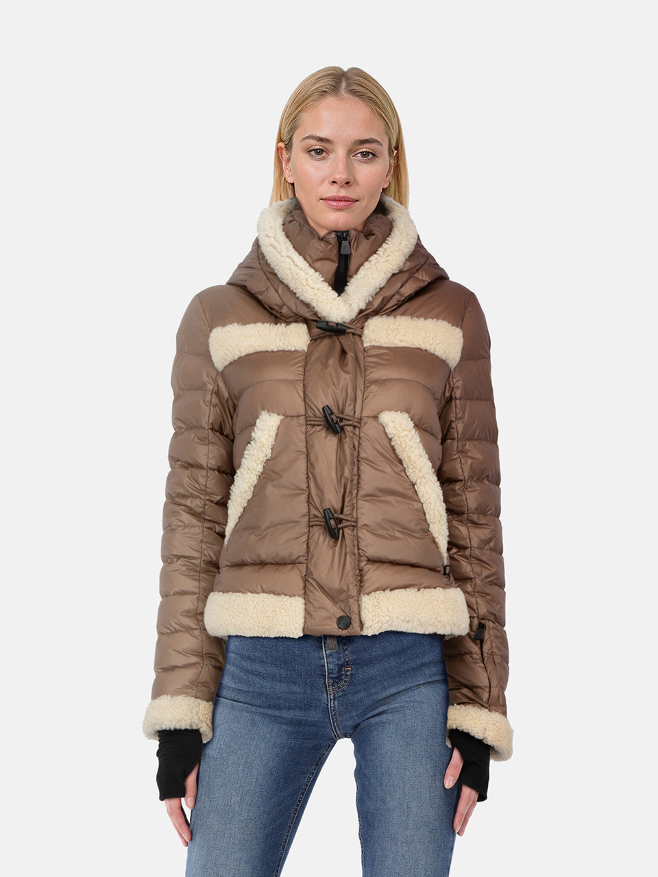 Moncler Brown Shearling Trim Down Puffer Coat