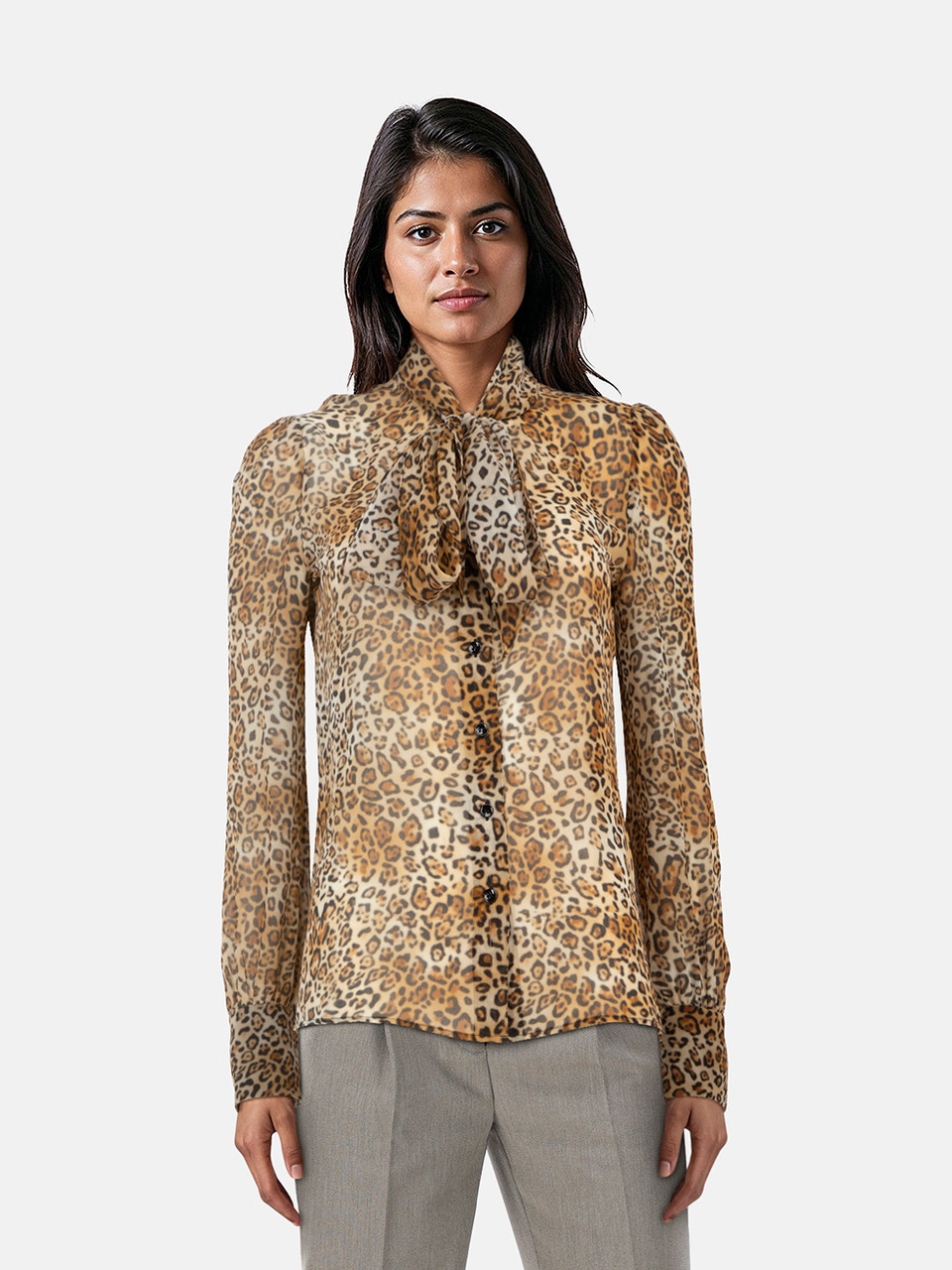 Saint Laurent Brown Silk Leopard Neck Tie Blouse