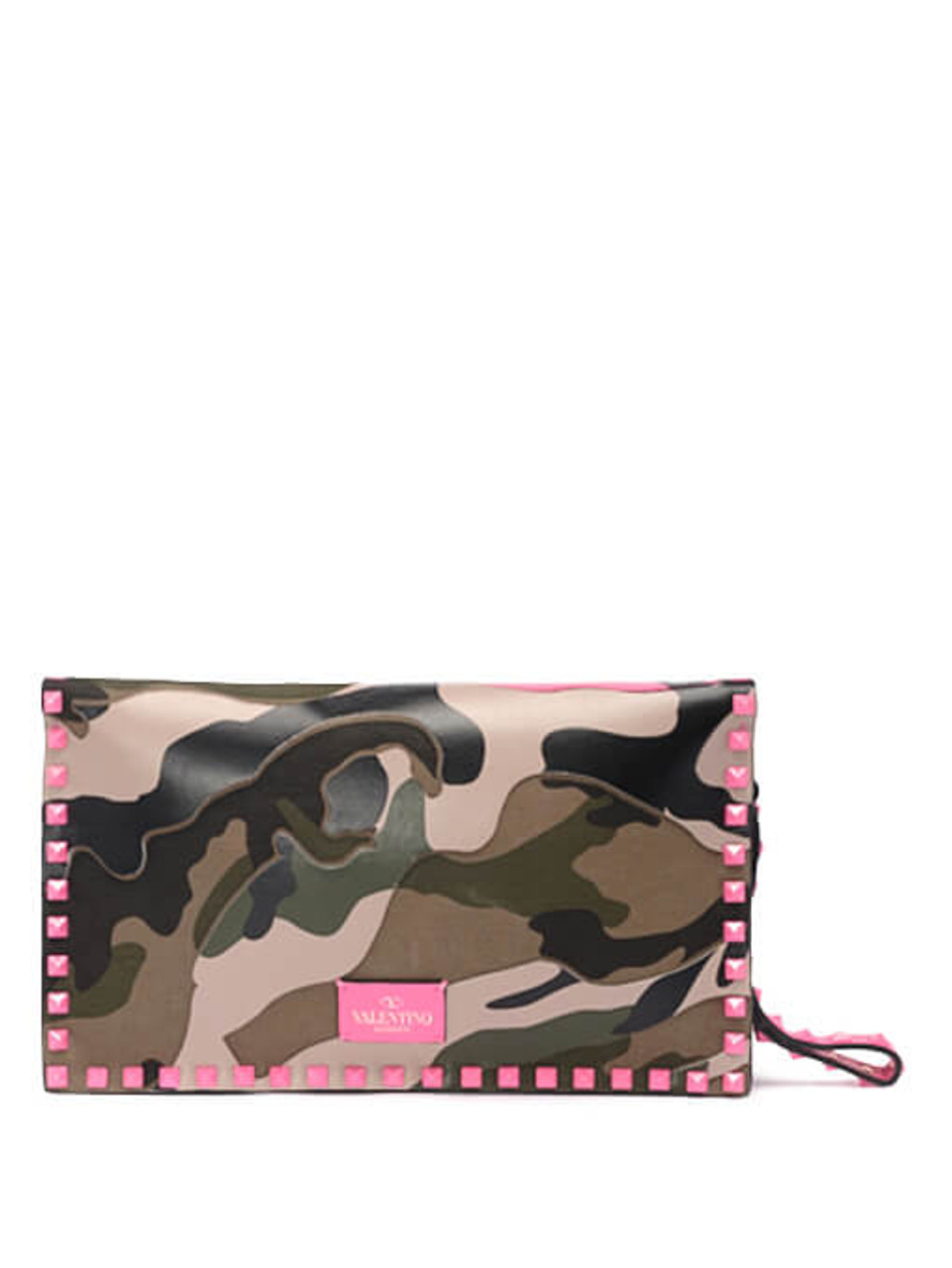 Valentino Rockstud Camouflage Leather Clutch Green