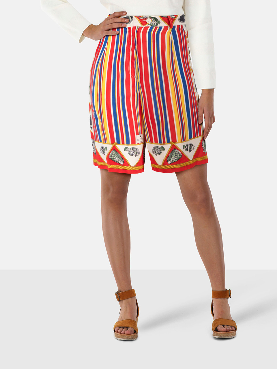 Etro Stripe & Fish Print Silk Knee Length Shorts