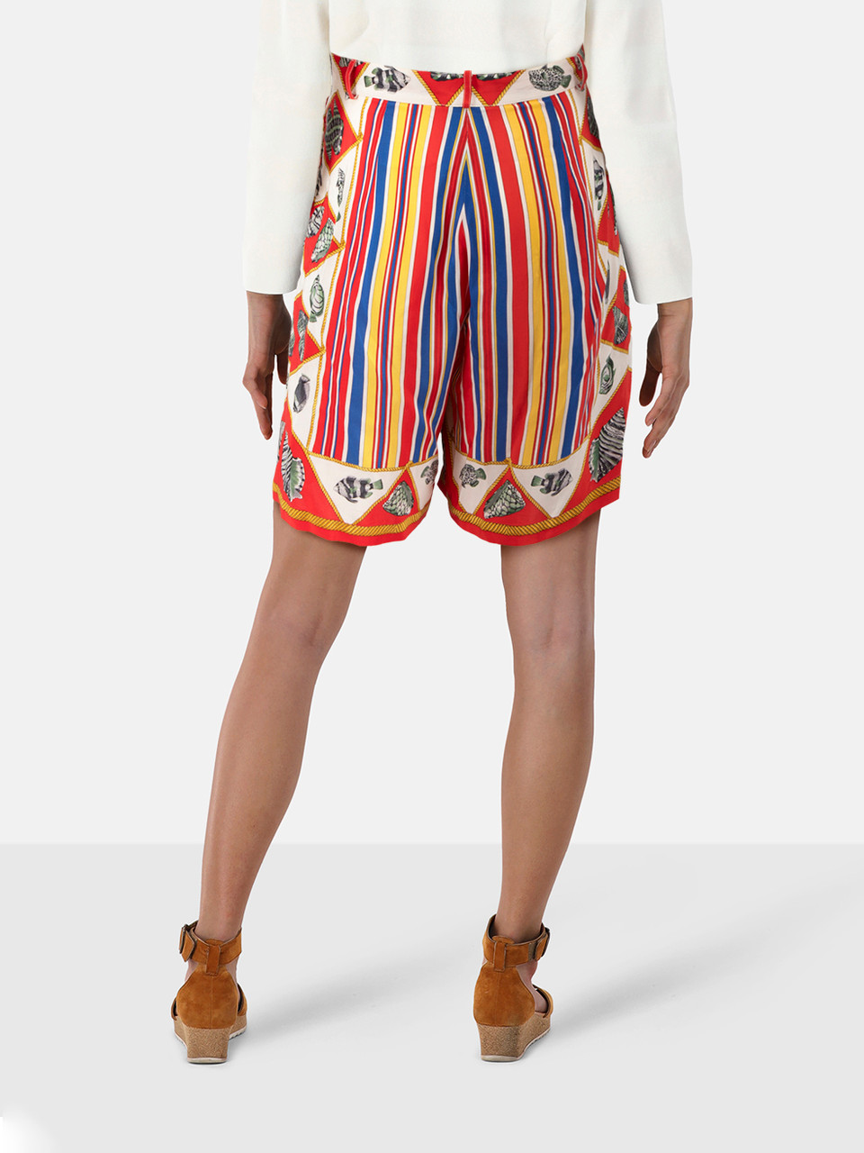Etro Stripe & Fish Print Silk Knee Length Shorts