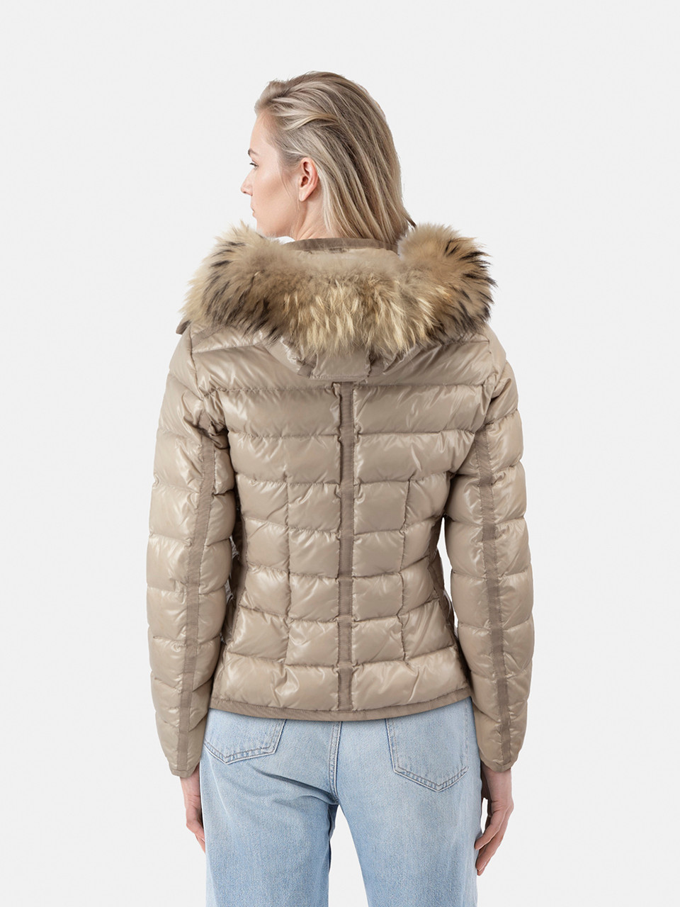Moncler Beige Raccoon Fur Trim Puffer Jacket