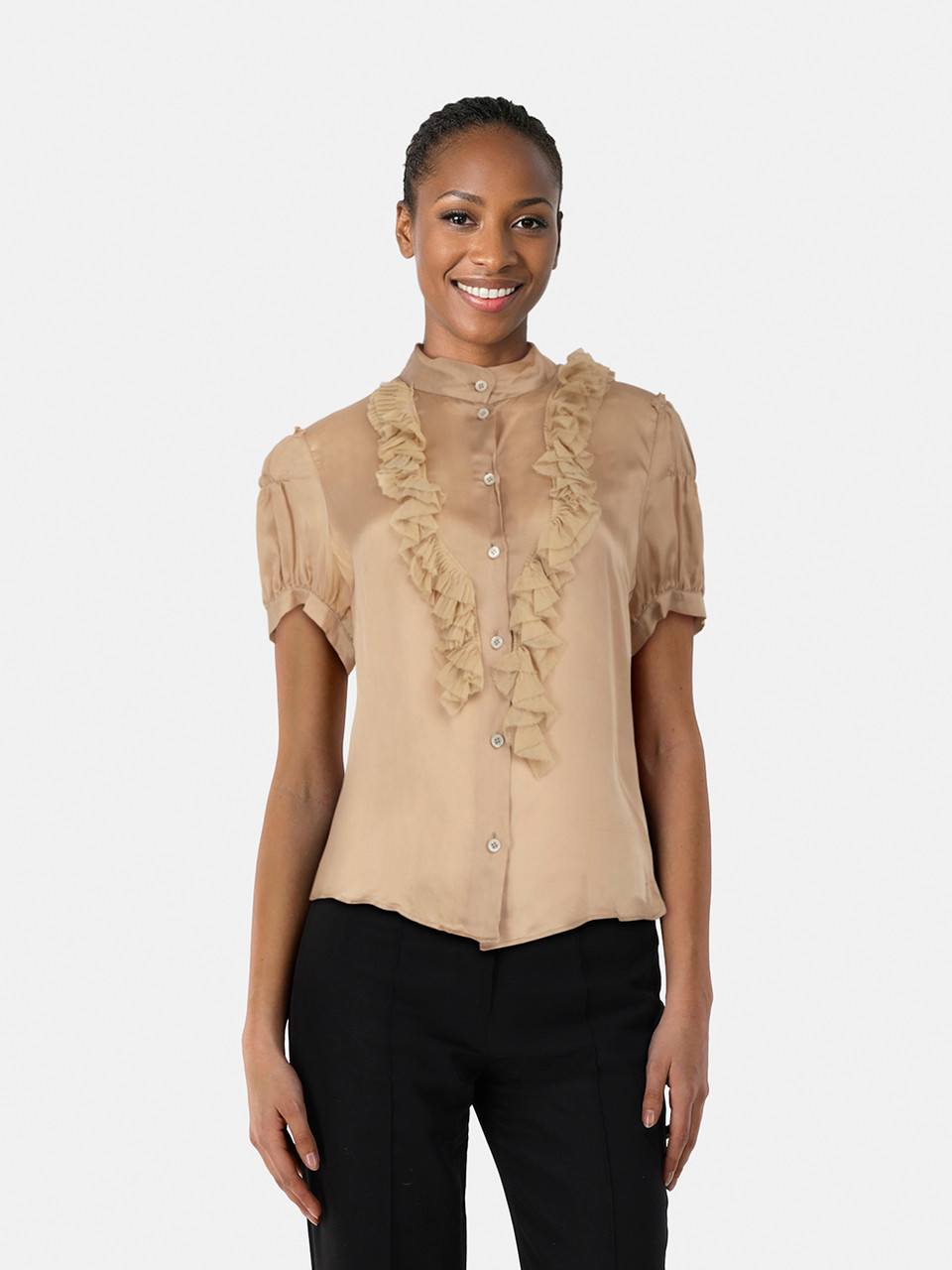 Prada Beige Short Sleeve Ruffle Trim Top