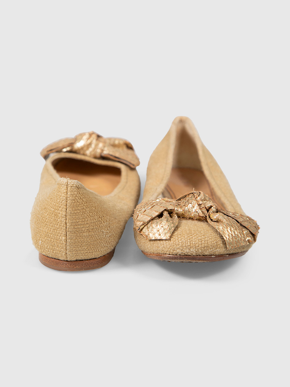 Miu Miu Beige Raffia & Snakeskin Bow Flats