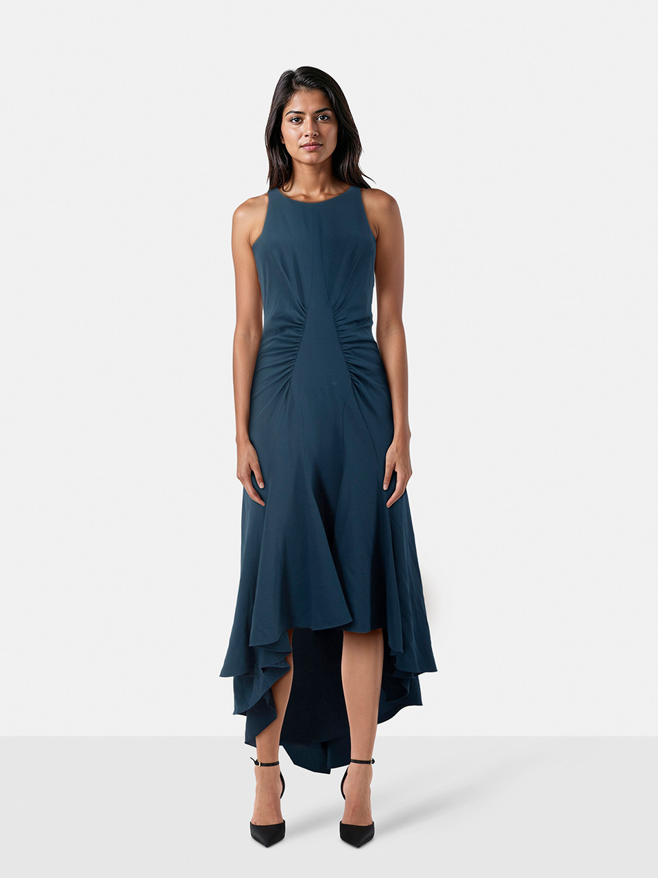 Halston Heritage Navy Midi Ruched Detail Dress
