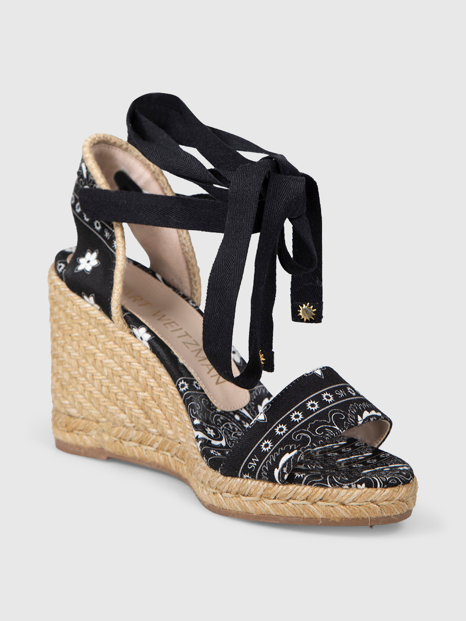 Stuart Weitzman Black Floral Wedge Sandals