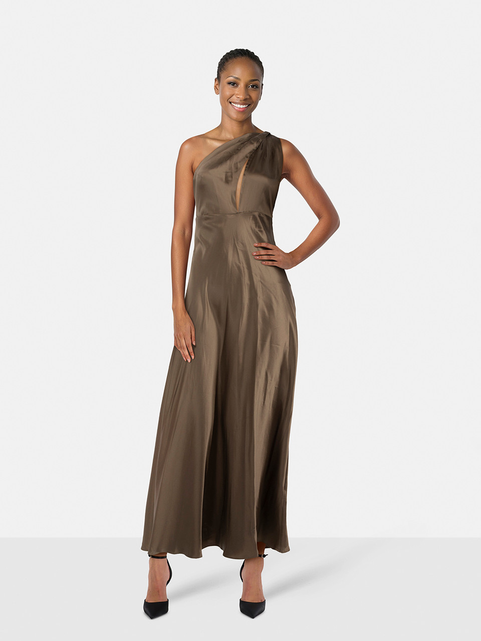 Reformation Khaki Silk Asymmetric Dasha Dress