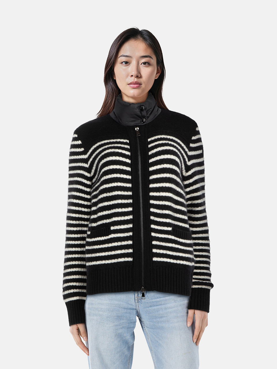 Moncler Black & White Knit Striped Puffer Jacket