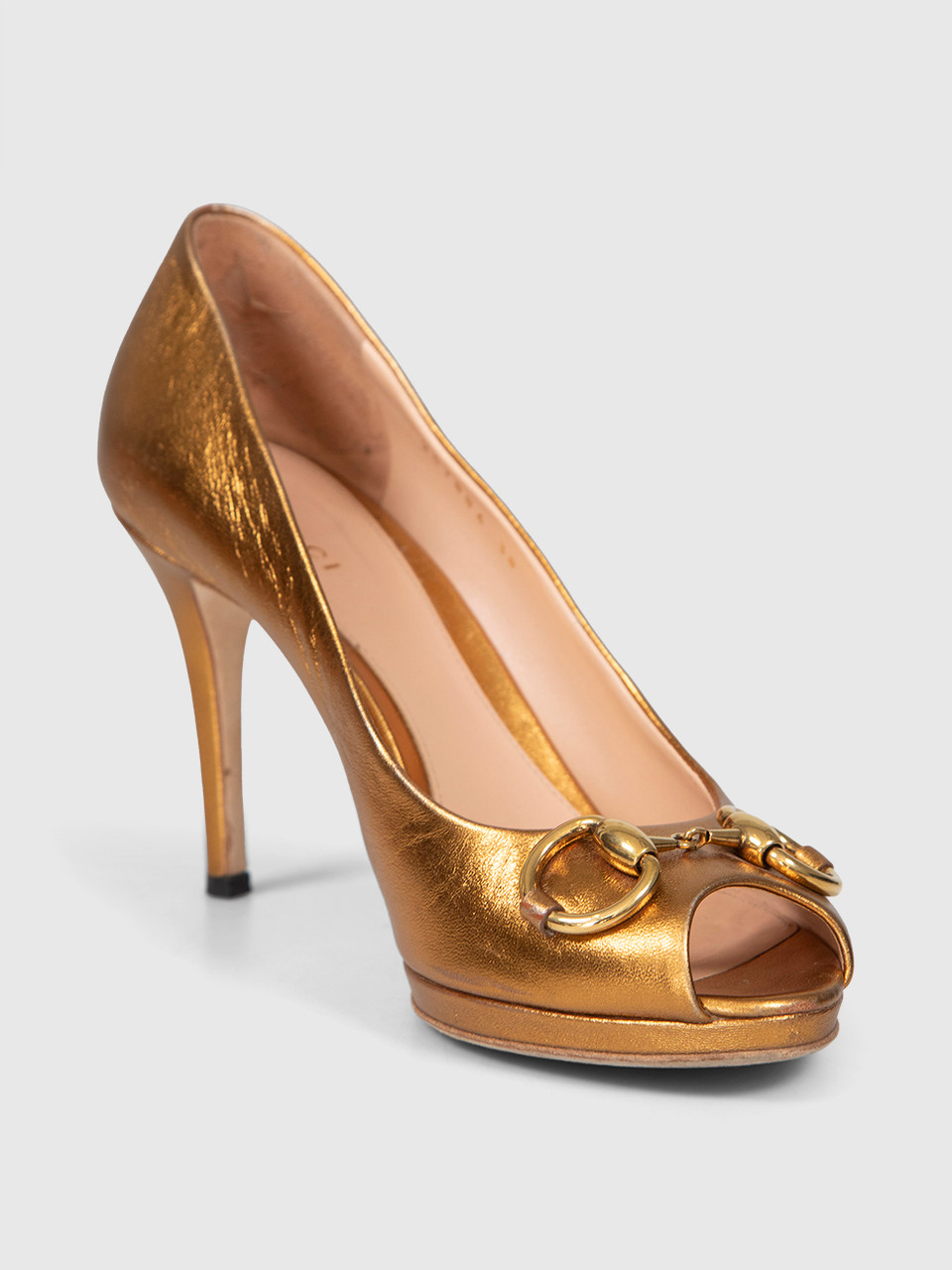 Gucci Gold Leather Horsebit Peep Toe Heels