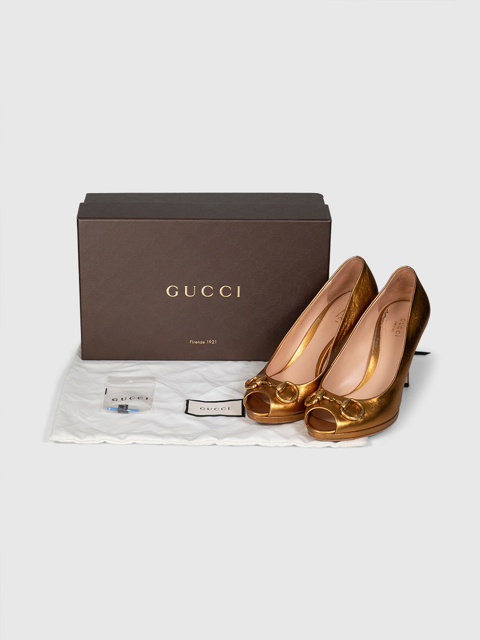 Gucci Gold Leather Horsebit Peep Toe Heels