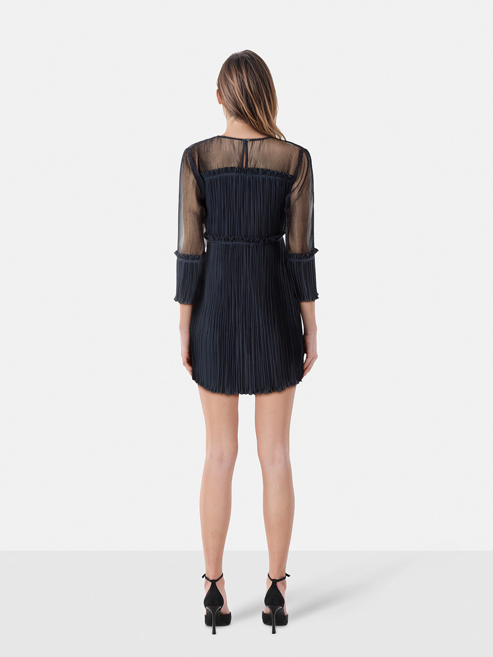 Maje Navy Pleated Mesh Panel Dress