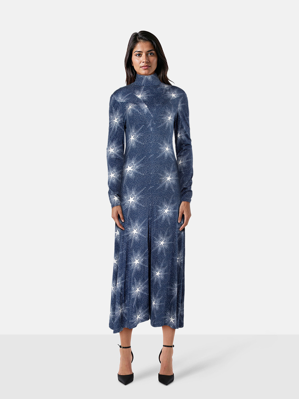 Paco Rabanne Blue Star Print Long Sleeve Dress