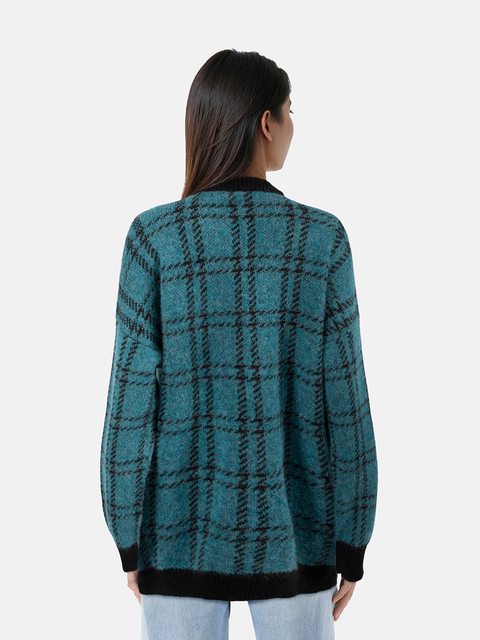 Alessandra Rich Teal Mohair Checkered Cardigan