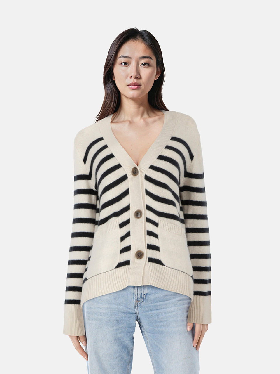 Lisa Yang Ecu & Navy Cashmere Striped Cardigan