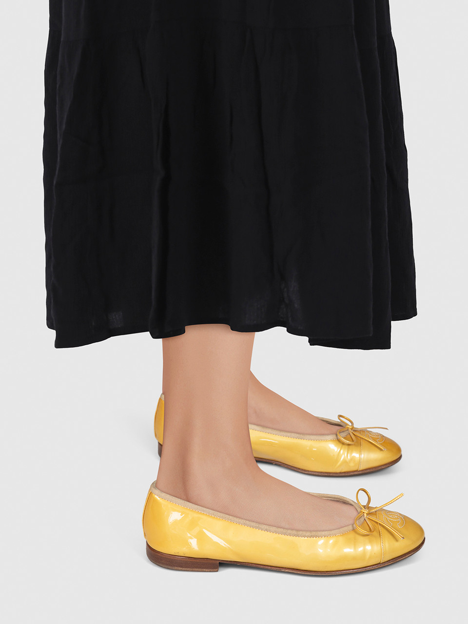 Chanel Gold Patent CC Cap Toe Ballet Flats