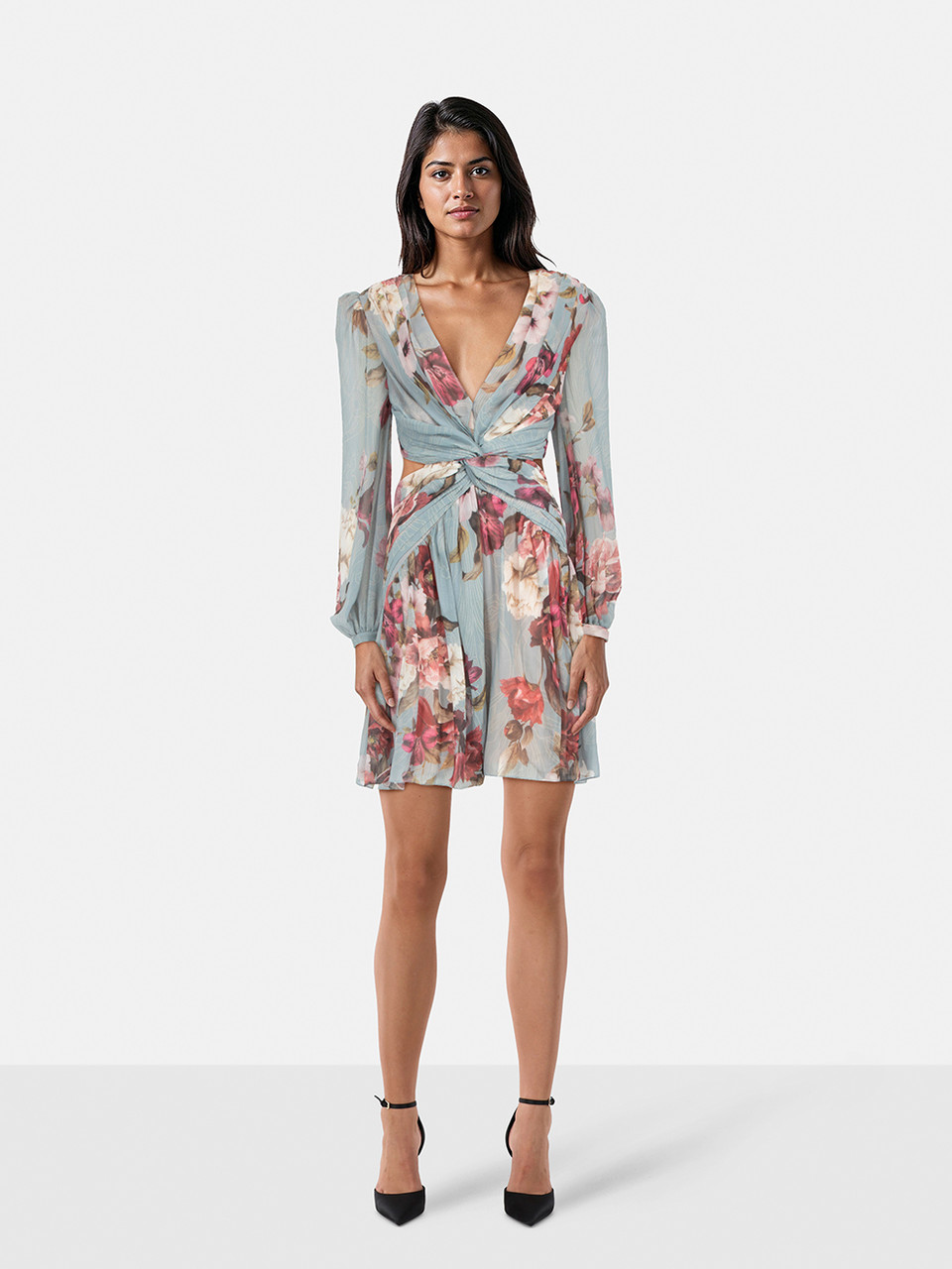 PatBO Floral Print Plunge Neck Backless Dress