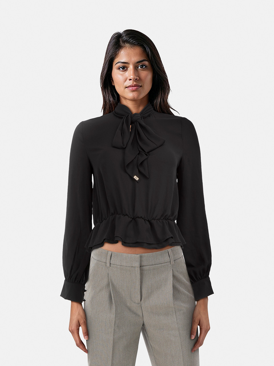 Elisabetta Franchi Black Long Sleeve Neck Tie Blouse