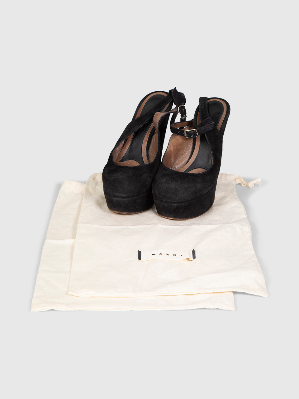 Marni Black Suede Platform Ankle Strap Heels