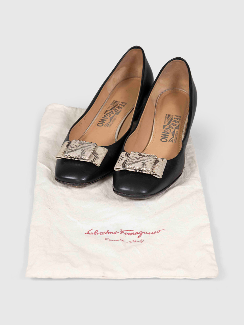 Salvatore Ferragamo Black Leather Snake Bow Pumps